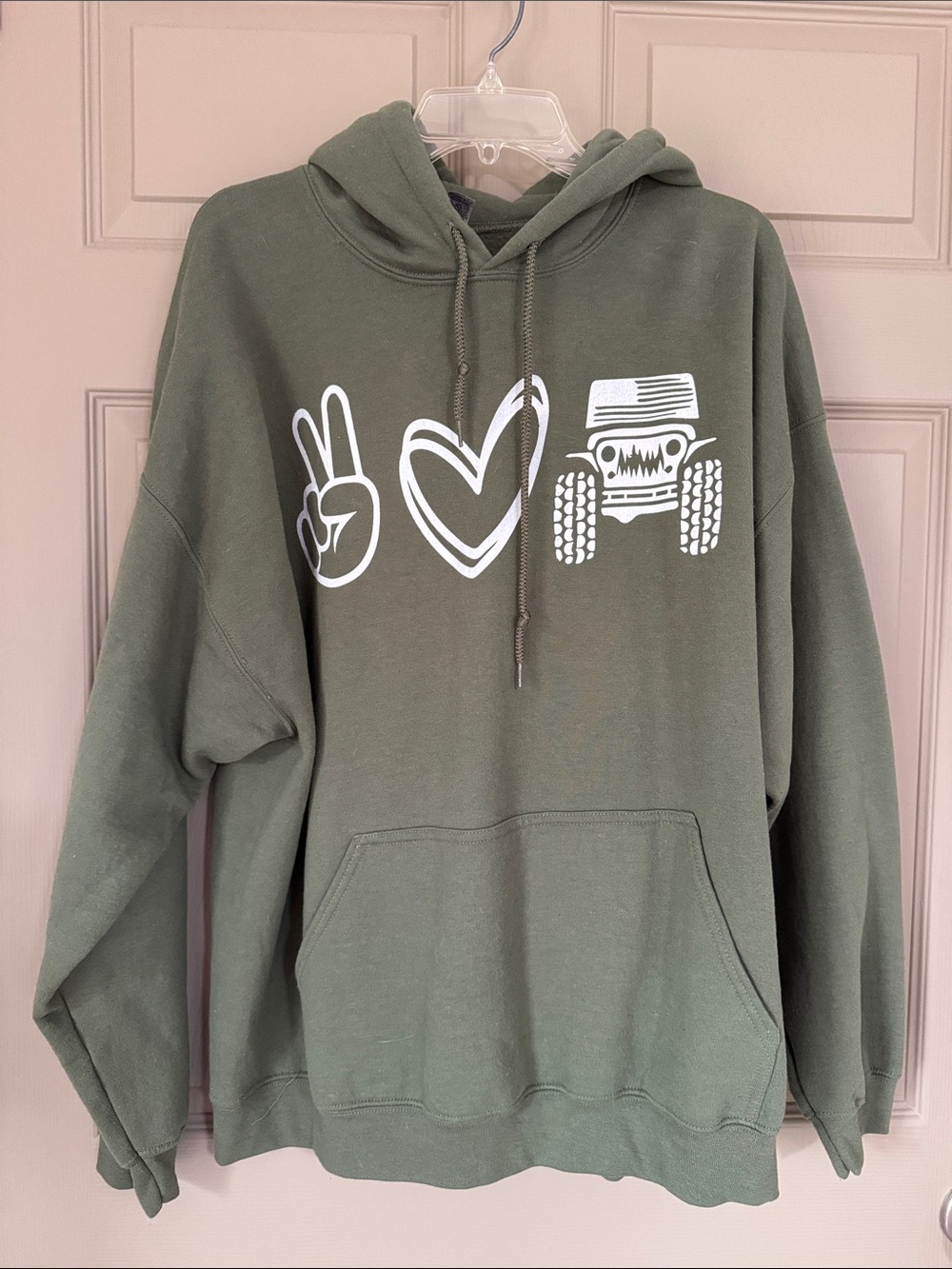 Gildan Olive Green Hoodie with White Peace Heart Jeep Graphic